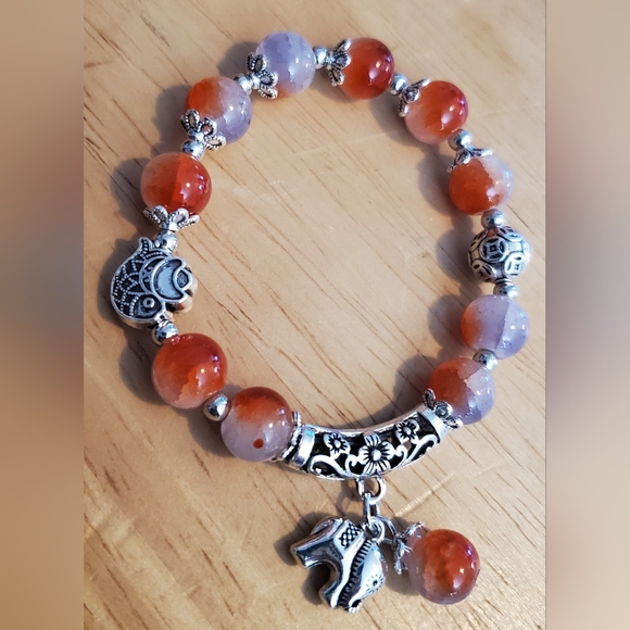 unbranded Jewelry - Genuine Stone Beaded Silvertone Elephant Charm Bracelet